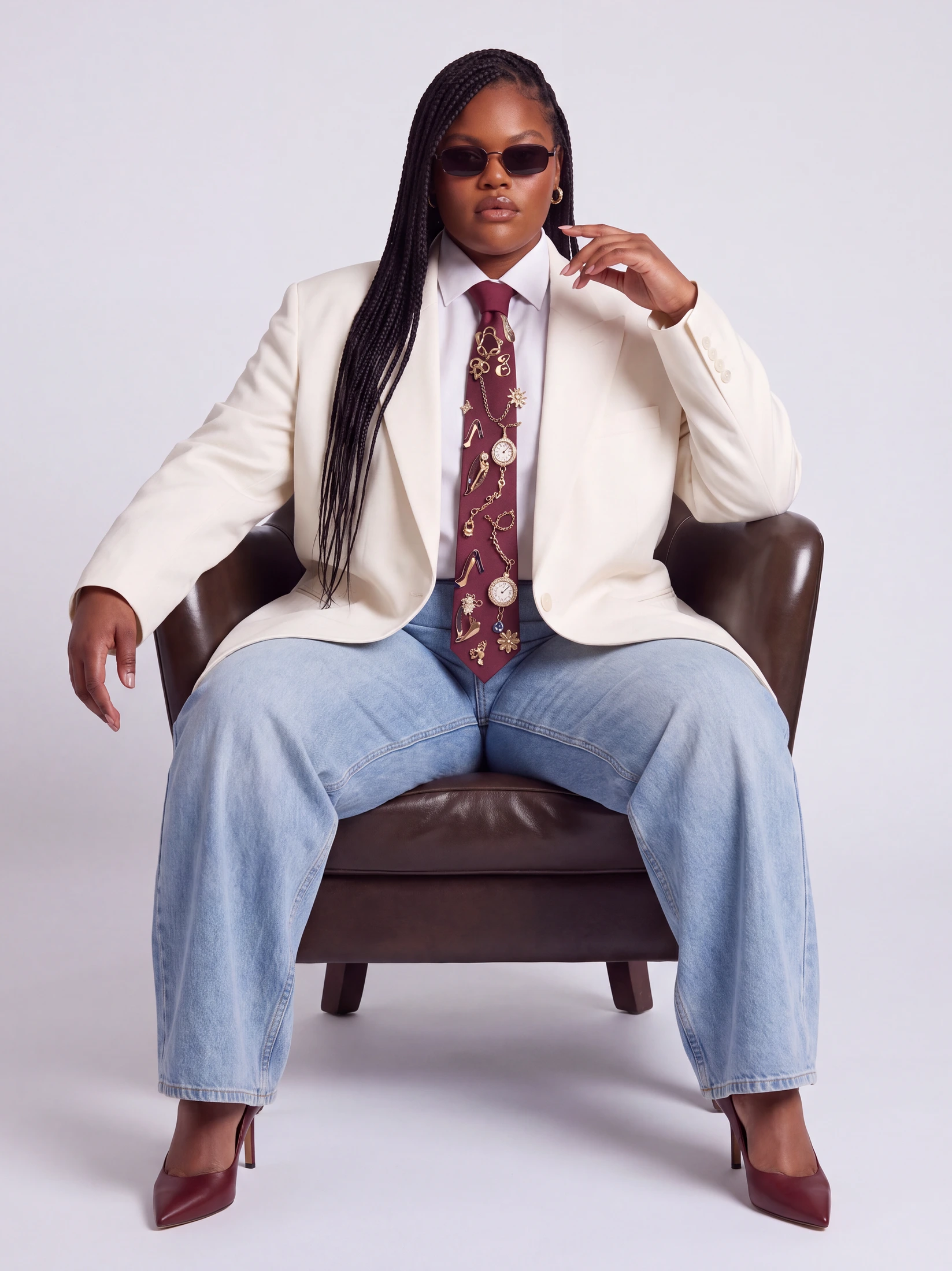 Maeve model wearing an ivory blazer, silk tie and wide-leg jeans, seated in an armchair