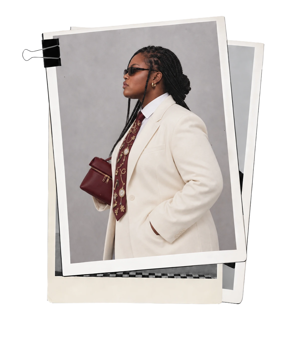 Model wearing a light blazer and a tie with charms